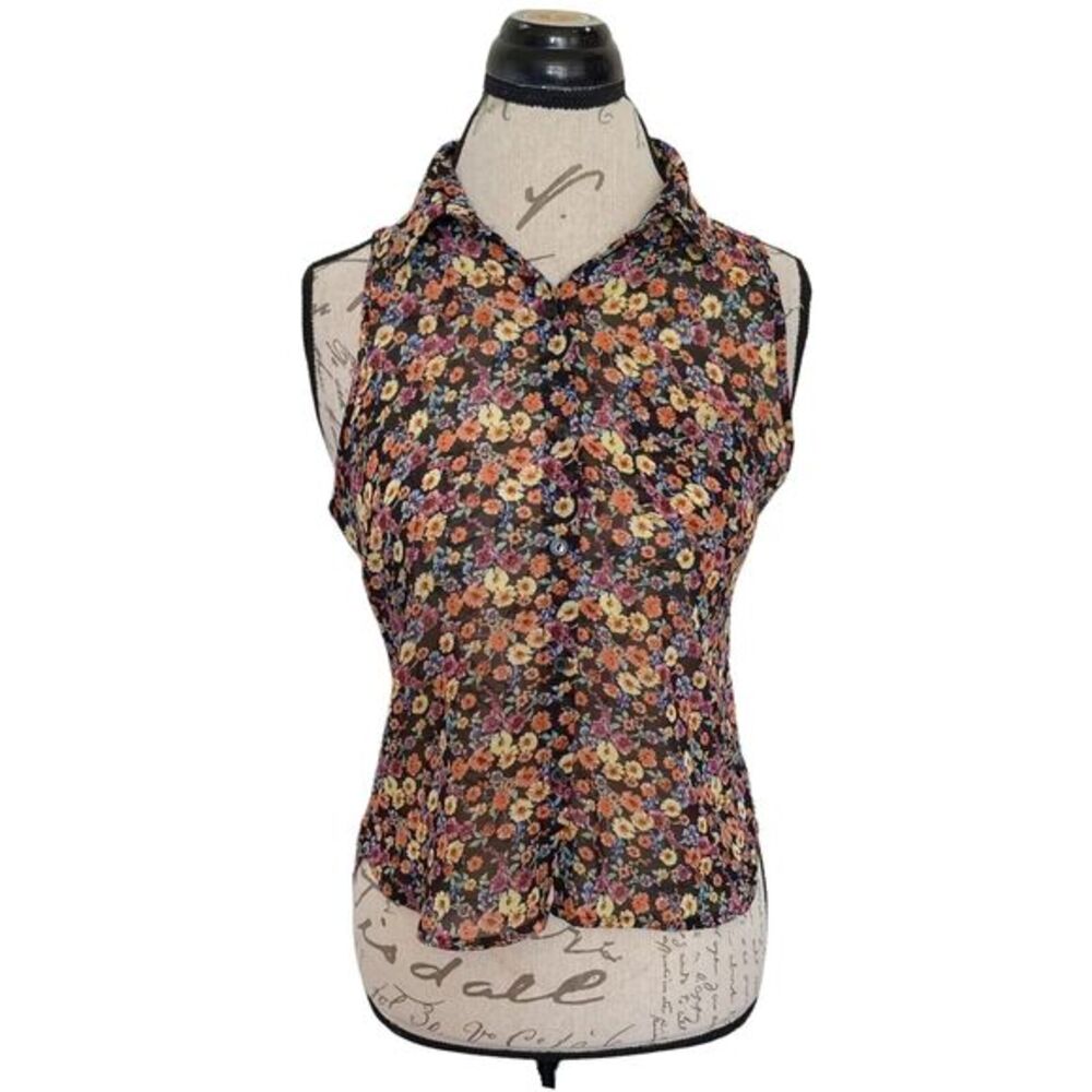 Ambiance Apparel Womens Blouse Medium Floral Sleeveless Collar Semi Sheer Button